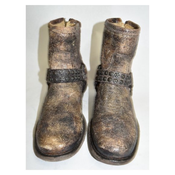 $350 FRYE Phillip Studded Harness Bootie MOTO BIKER DISTRESSED brown 6.5 (K3) - Picture 5 of 8